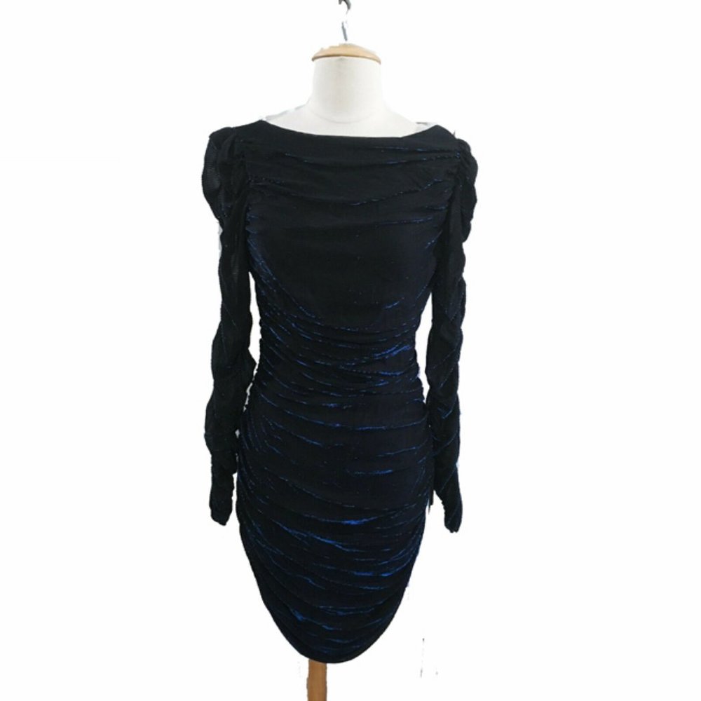 Vtg 80s Ruched Draped Metallic Bodycon Dress S/XS